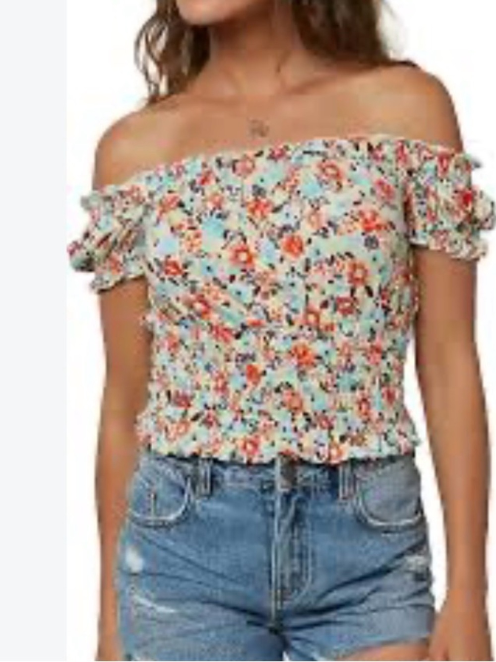 O'Neill Mint Floral Off-Shoulder Smocked Crop Top